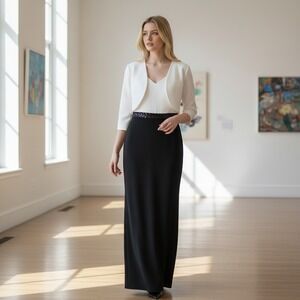 Adrianna Papell Gown Women 12 Black White Sequin‎ Waist Bolero Bodice Crepe